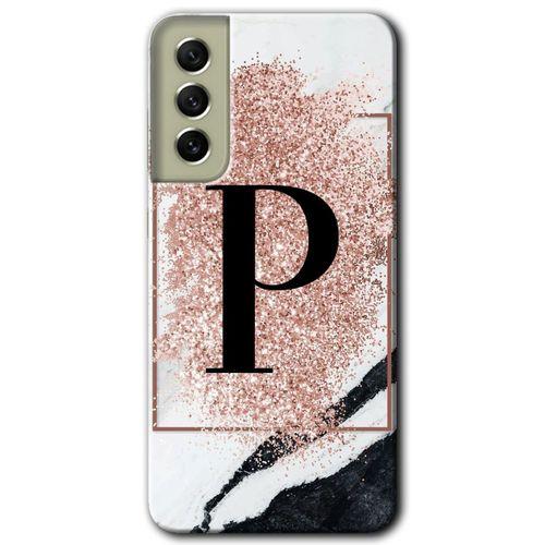 Samsung Galaxy S21 FE Kılıf Baskılı Kapak - Pembe Mermer Desenli P Harfi + 5D Tam Kaplayan Cam