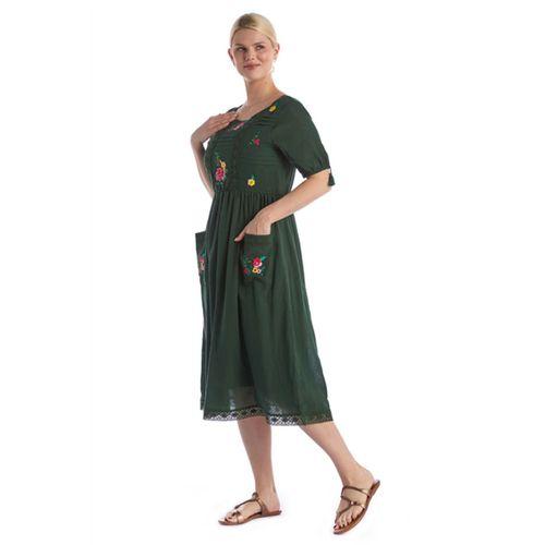 Kısa Kol Yeşil Şile Bezi Midi Boy Yazlık Elbise