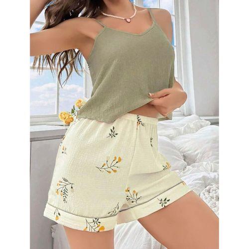 Kadın Ekru Çiçek Baskılı Şortlu Gecelik Pijama Takımı Rahat Şık 2’li Set