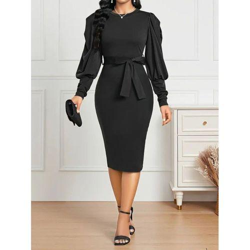 Kadın Uzun Kollu Bisiklet Yaka Beli Kuşaklı Ithal Krep Midi Elbise