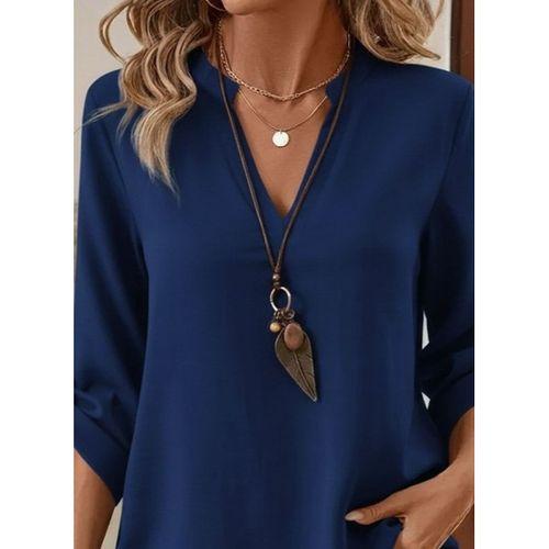 Kadın Uzun Kollu V Yakalı Ithal Krep Lacivert Bluz