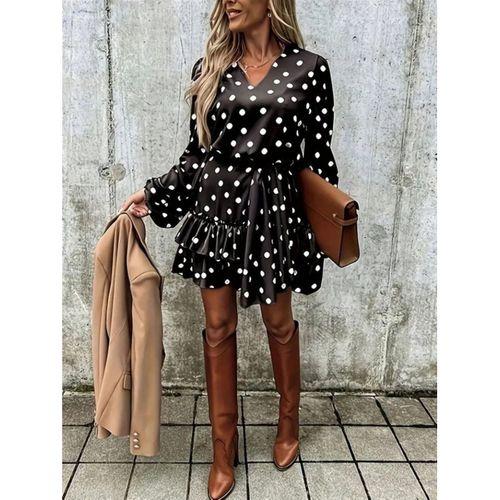 Kadın Uzun Kollu V Yakalı Belden Kuşaklı Puantiyeli Mini Modal Elbise