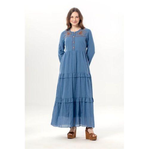 Uzun Kol Zeynep Bisiklet Yaka Nakışlı Uzun Vual Elbise İndigo indg