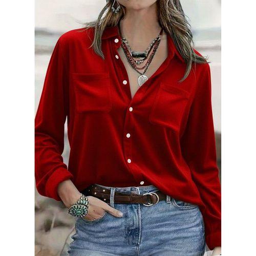 Kadın Uzun Kollu Yakalı önden Düğmeli Cep Detaylı Kadife Gömlek