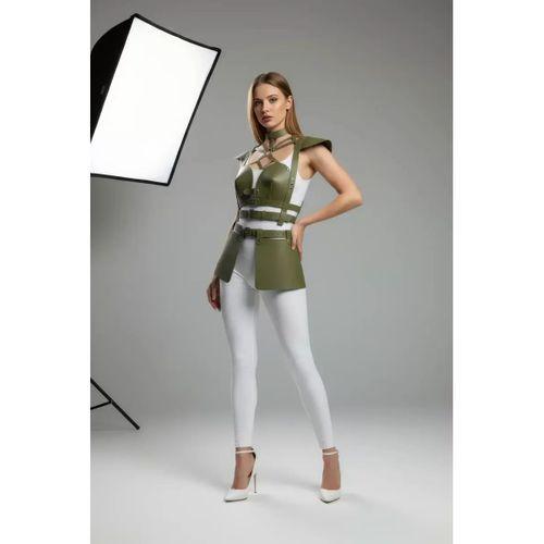 Haki Etek Suni Deri Etek Tokalı Korse Detaylı Etek - Brf1371