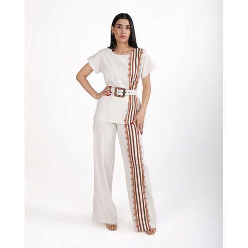 Trend Kadın Krem Keten Dokulu Bol Paça Pantolon ve Kısa Kollu Bluz Takımı