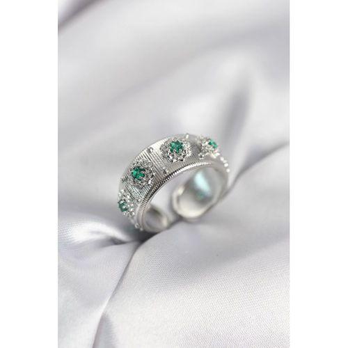 Yeşil Zirkon Taşlı Gümüş Renk Vintage Kadın Yüzük