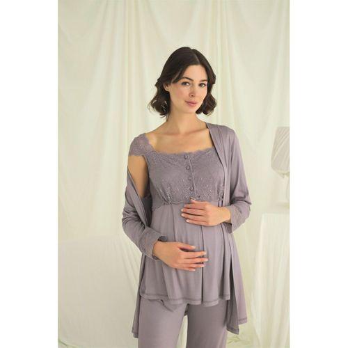 Dantelli Önü Düğmeli Hamile Lohusa 3'lü Pijama Takımı