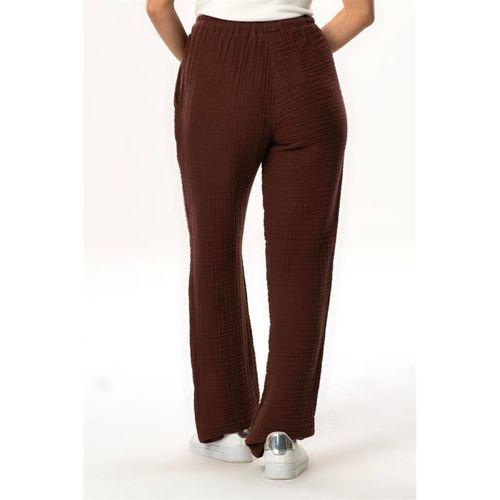 Beli Lastikli Multi Çift Cepli Müslin Kadın/Erkek Unisex Yazlık Pantolon Kahve Khv