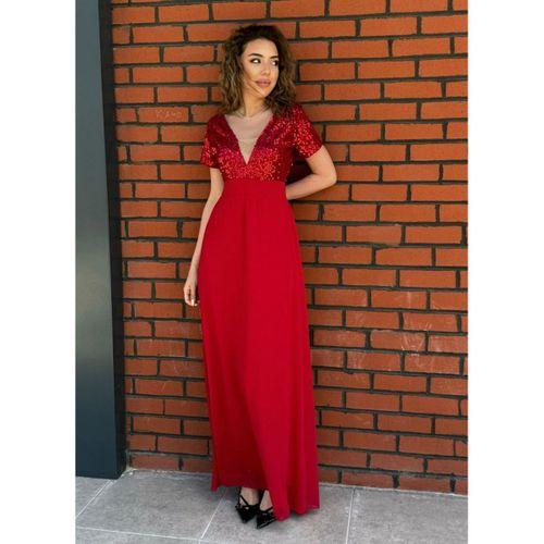 Kadın Kısa Kollu Derin V Yakalı A Kesim Pulpayet Detaylı şifon Nedime Elbisesi