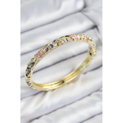 Mineli Pirinç Zirkon Taşlı Pembe Mor Çiçek Motifli Gold Kadın Kelepçe