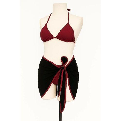 Kadın Siyah Bordo Pareolu 3’lü Bikini Takımı Yandan Ve Boyundan Bağlamalı Pedli Şık Plaj Seti