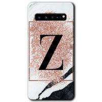 Samsung Galaxy S10 Plus Kılıf HD Desen Baskı Arka Kapak + TemperliCam - Pembe Mermer Desenli Z Harf