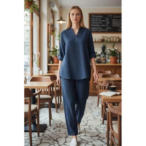 Kadın Kolu Katlanır Düğme Detay Hakim Yaka Bluzve Pantolon Sofia Keten Kumaş Ikili Takim