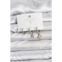 Pirinç Gümüş Renk Yonca Model 3'lü Kadın Küpe Seti