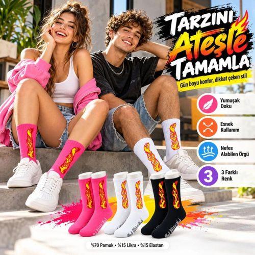 Unisex Alev Desenli Çorap 3'lü Set Pamuklu Uzun Soket Dikişsiz Nefes Alan Günlük Spor Çorabı Yumuşak