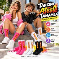 Unisex Alev Desenli Çorap 3'lü Set Pamuklu Uzun Soket Dikişsiz Nefes Alan Günlük Spor Çorabı Yumuşak