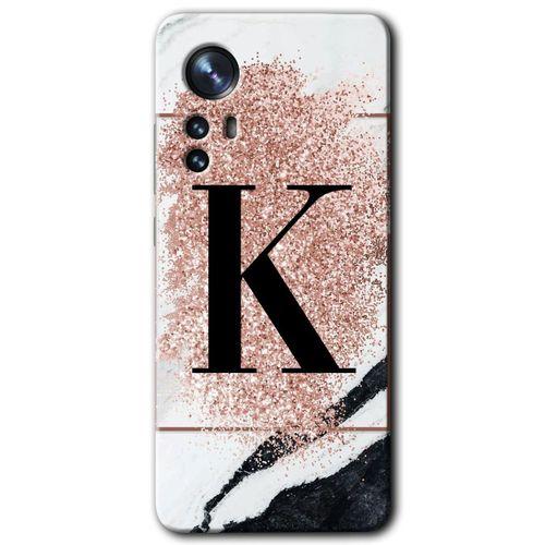 MRCİLETİSİM Xiaomi Mi 12 Pro Kılıf HD Desen Baskılı Arka Kapak + Temperli Cam - Pembe Mermer Desenli K Harfi