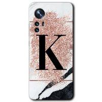 MRCİLETİSİM Xiaomi Mi 12 Pro Kılıf HD Desen Baskılı Arka Kapak + Temperli Cam - Pembe Mermer Desenli K Harfi