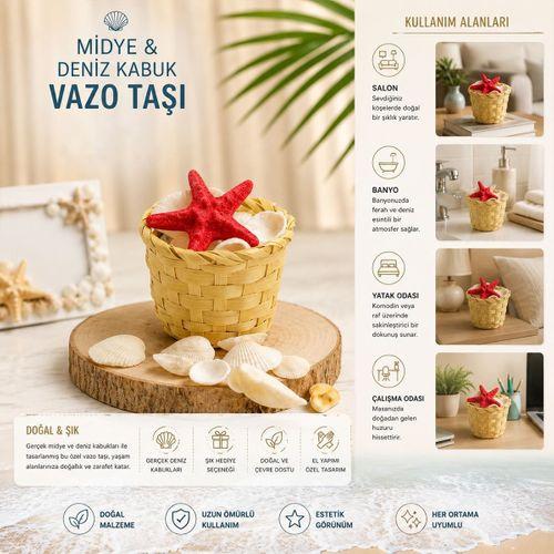 Midye ve Deniz Kabuk Vazo Taşı (Ahşap Sepetli, Küçük)