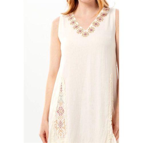 Kolsuz Begüm V Yaka Yazlık Nakışlı Otantik Vual Kısa Elbise Krem Krm