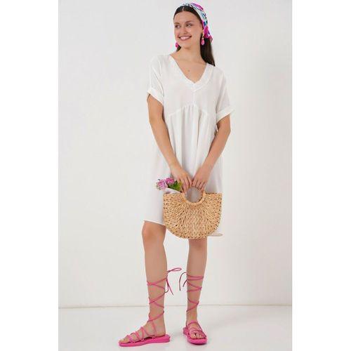 V Yaka Kısa Kol Elbise 2567 - Beyaz
