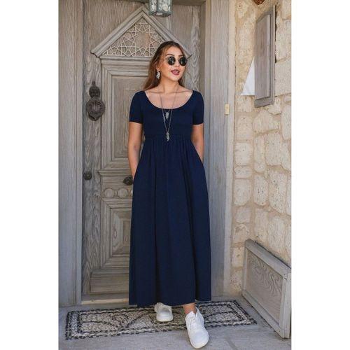 Kadın Kısa Kollu Yuvarlak Yaka önden Yırtmaçlı Cepli Viskon Uzun Elbise