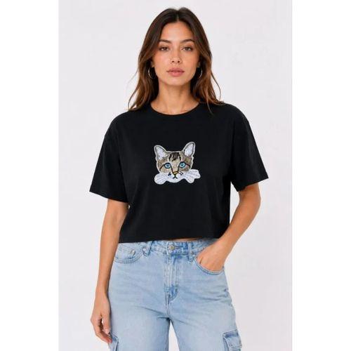 Kedi Baskılı Oversize Crop Tişört Salaş Basic Yarım Kol T-shirt - Siyah