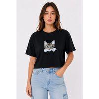 Kedi Baskılı Oversize Crop Tişört Salaş Basic Yarım Kol T-shirt - Siyah