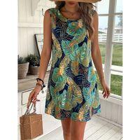 Kadın Sıfır Kollu Yuvarlak Yaka Desenli Süprem Elbise