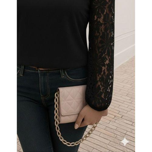 Kadın Uzun Kollu Asimetrik Yakalı Dantelli Ithal Krep Bluz