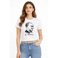 Atatürk Baskılı Tişört Kısa Kollu Bisiklet Yaka T-Shirt - Beyaz