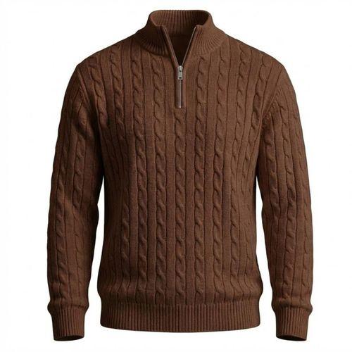 Bardem Saç Örgülü Yarım Fermuar Erkek Triko Kazak - Kahve