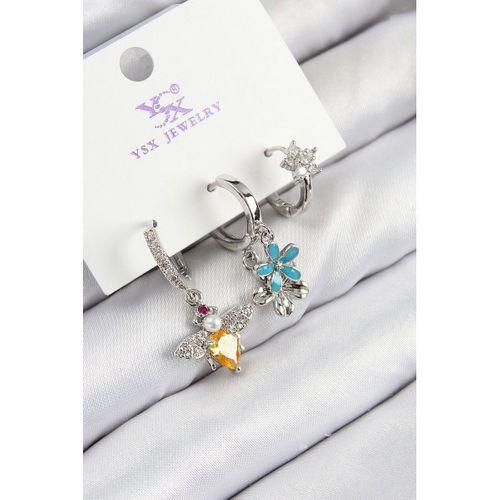 Pirinç Zirkon Taşlı 3'lü Arı Ve Çiçek Model Gümüş Renk Kadın Küpe