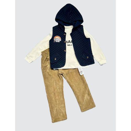 3-4-5 Yaş Fitilli Kadife Pantolon Kapitone Kapşonlu Yelek Uzun Kollu Sweat 3lü Erkek Çocuk Takımı Lacivert