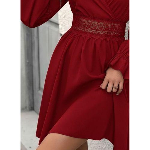 Kadın Uzun Kollu Kruvaze Yakalı Dantelli Fermuar Detaylı Mini Ithal Krep Elbise