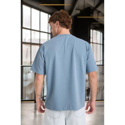 İki İplik Kumaş Pamuklu Bisiklet Yaka Basic Oversize Erkek T-Shirt - Soğuk Mavi