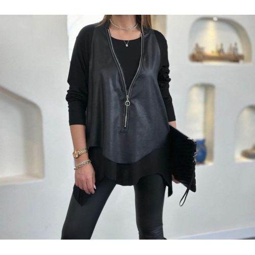 Kadın Uzun Kollu Asimetrik Kesim Viskon Bluz Ve çatlak Deri Görünümlü Yelek Ikili Takım