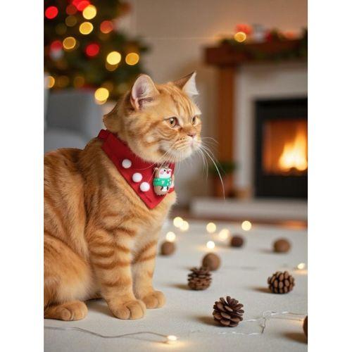Christmas Squirrel Yılbaşı Kedi Bandanası | Ponponlu Kırmızı Noel Boyun Aksesuarı | Sevimli Sincap Figürlü Kedi Süsü