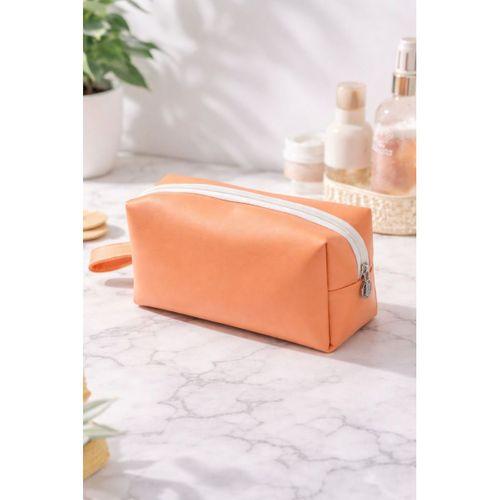 Deri Makyaj Kozmetik Çantası Seyahat Tipi Çanta Organizer Şeftali