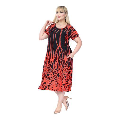 Melsay Butik Kırmızı Dalgalı Reflektör Desen Kuplu Cepli Kısa Kollu Kadın Midi Elbise