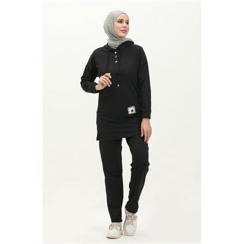 Kapşonlu Çıtçıtlı Sade Basic İkili Eşofman Spor Takımı - 03036 - Siyah