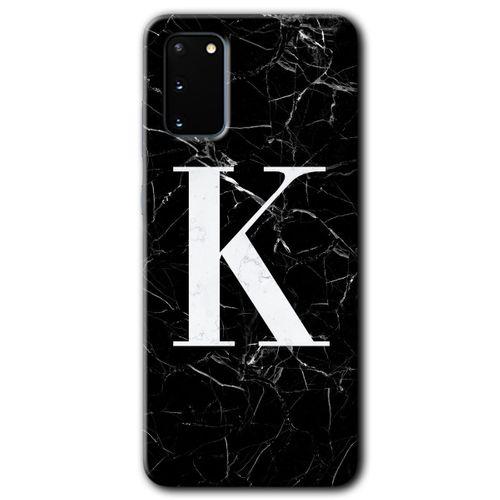 Galaxy S20 Kılıf HD Desen Baskılı Arka Kapak - Siyah Mermer Desenli K Harfi + Kırılmaz Cam
