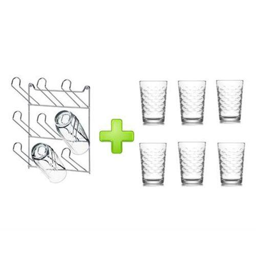 Cam Altılı Su,Meşrubat Bardağı Ve Duvar Monte Bardak Kurutmalık Set