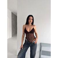 Dantel Detaylı Derin Dekolte Body Şık Kolsuz Yazlık Bodysuit - Kahvrenegi