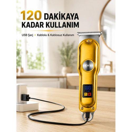 Profesyonel Saç Sakal Tıraş Makinesi T Bıçaklı Turbo Modlu Led Ekranlı 3 Taraklı Şarjlı