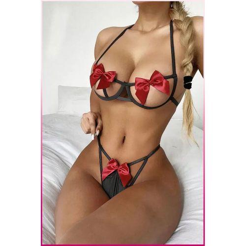 Siyah-kırmızı Göğüs Fiyonklu Balenli Sütyen Külot Takım