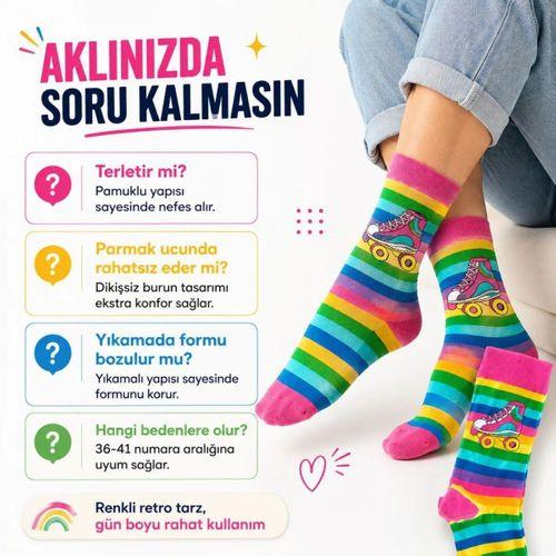 Gökkuşağı Çizgili Retro Paten Desenli Soket Çorap Pamuklu Dikişsiz Burun 36-40 Numara Uzun Konç