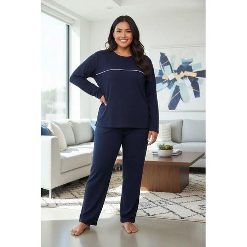 Kadın Büyük Beden Lacivert Uzun Kollu Pijama Takımı Şerit Detaylı Rahat Ev Giyim Seti