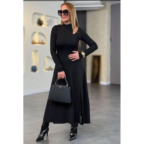 Kadın Balıkçı Yaka Damla Detaylı Yırtmaçlı Uzun Viskon Iki Iplik Maxi Elbise